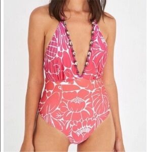 NWOT Farm Rio Embroidered Graphic Dreams Swimsuit one piece halter swimsuit